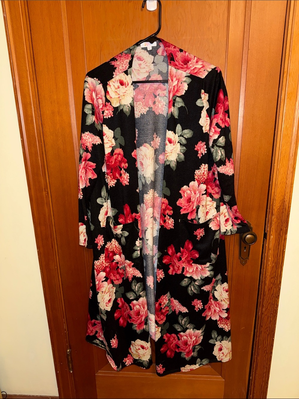 LuLaRoe Black Floral Open-Front Robe with Pink & Cream Blooms